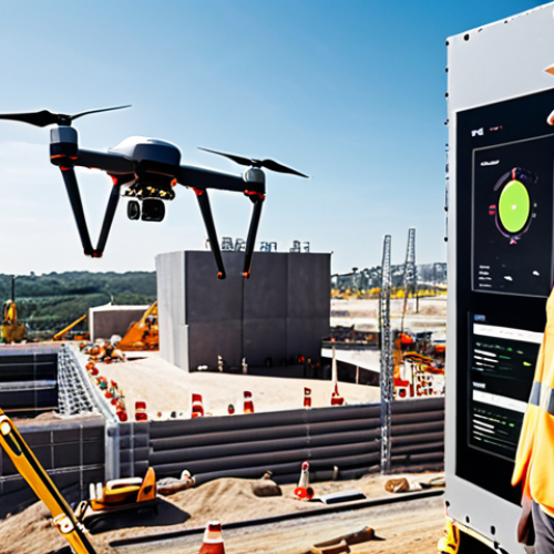 **

Modern construction site with visible data overlays. Include a drone surveying progress, workers with smart wearables, and a digital dashboard displaying real-time analytics. The style should be futuristic but grounded in reality, demonstrating the fusion of technology and construction.

**