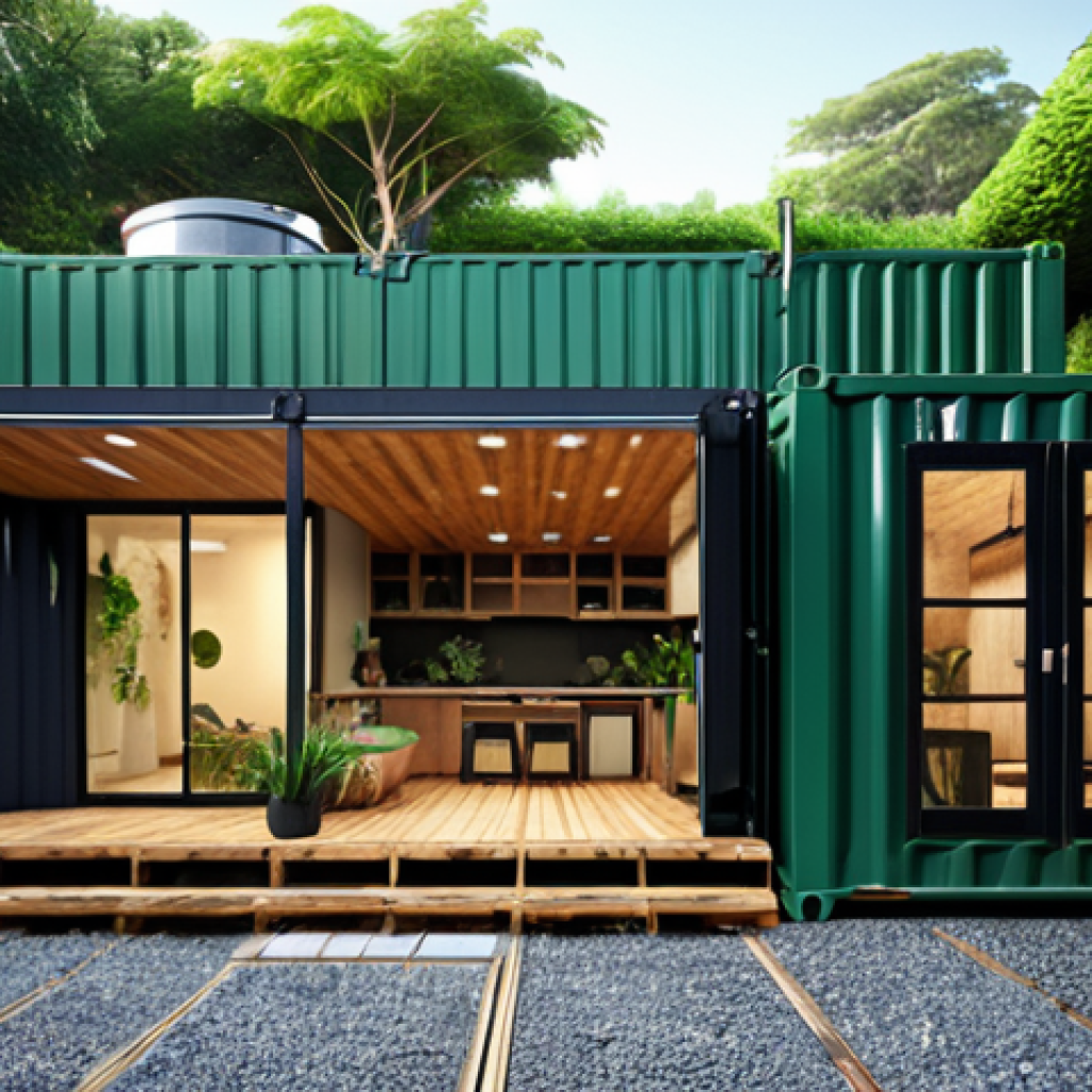 **

"A modern house built entirely from repurposed shipping containers and recycled tires, showcasing innovative and eco-friendly design. Lush greenery surrounds the house, highlighting the sustainable aspect. Focus on the textures of the recycled materials."

**