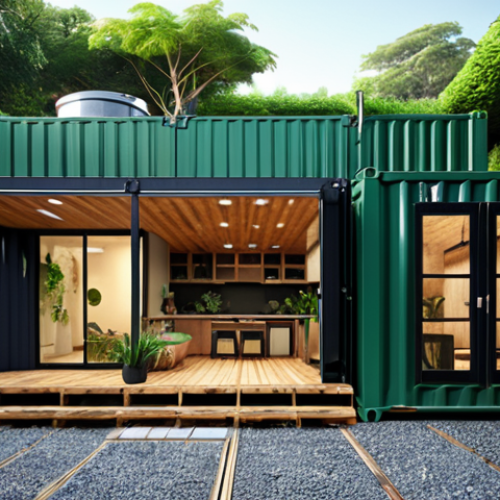 **

"A modern house built entirely from repurposed shipping containers and recycled tires, showcasing innovative and eco-friendly design. Lush greenery surrounds the house, highlighting the sustainable aspect. Focus on the textures of the recycled materials."

**