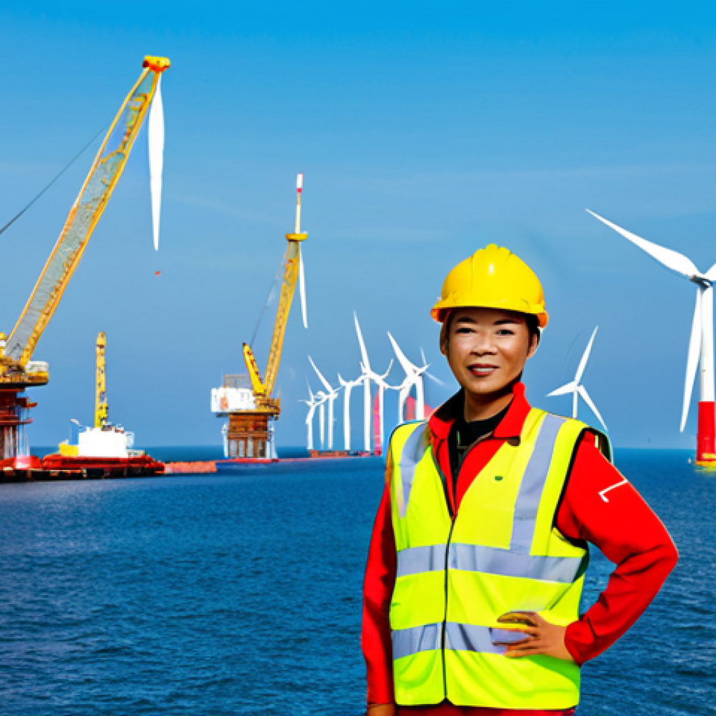 A professional Vietnamese civil engineer, fully clothed in modern safety work attire including a hard hat and safety vest, standing confidently at a large offshore wind farm construction site. In the background, massive wind turbine foundations are being installed in the vast ocean, with construction vessels present. The scene captures the immense scale of renewable energy infrastructure. Perfect anatomy, correct proportions, well-formed hands, natural body proportions, natural pose. Professional photography, high detail, clear bright daylight, safe for work, appropriate content, modest clothing, family-friendly.