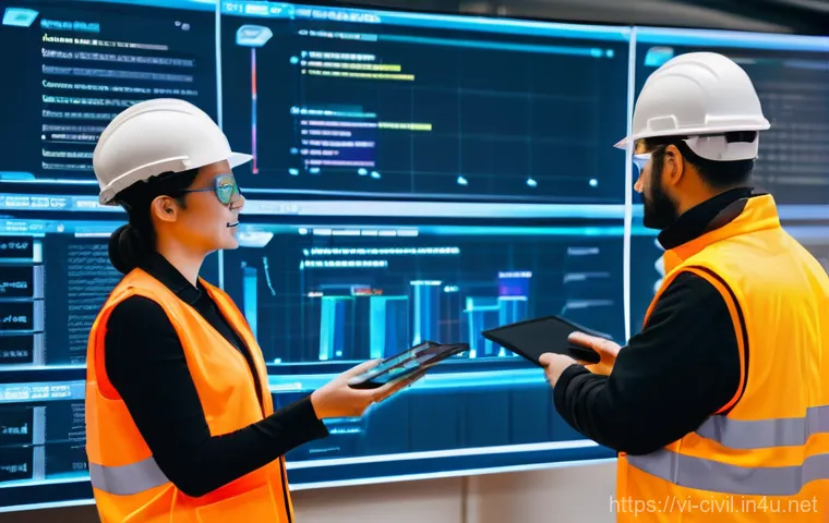 토목공학의 주요 데이터 분석 도구 - **Prompt:** A dynamic and inclusive team of diverse construction professionals, including male and f...