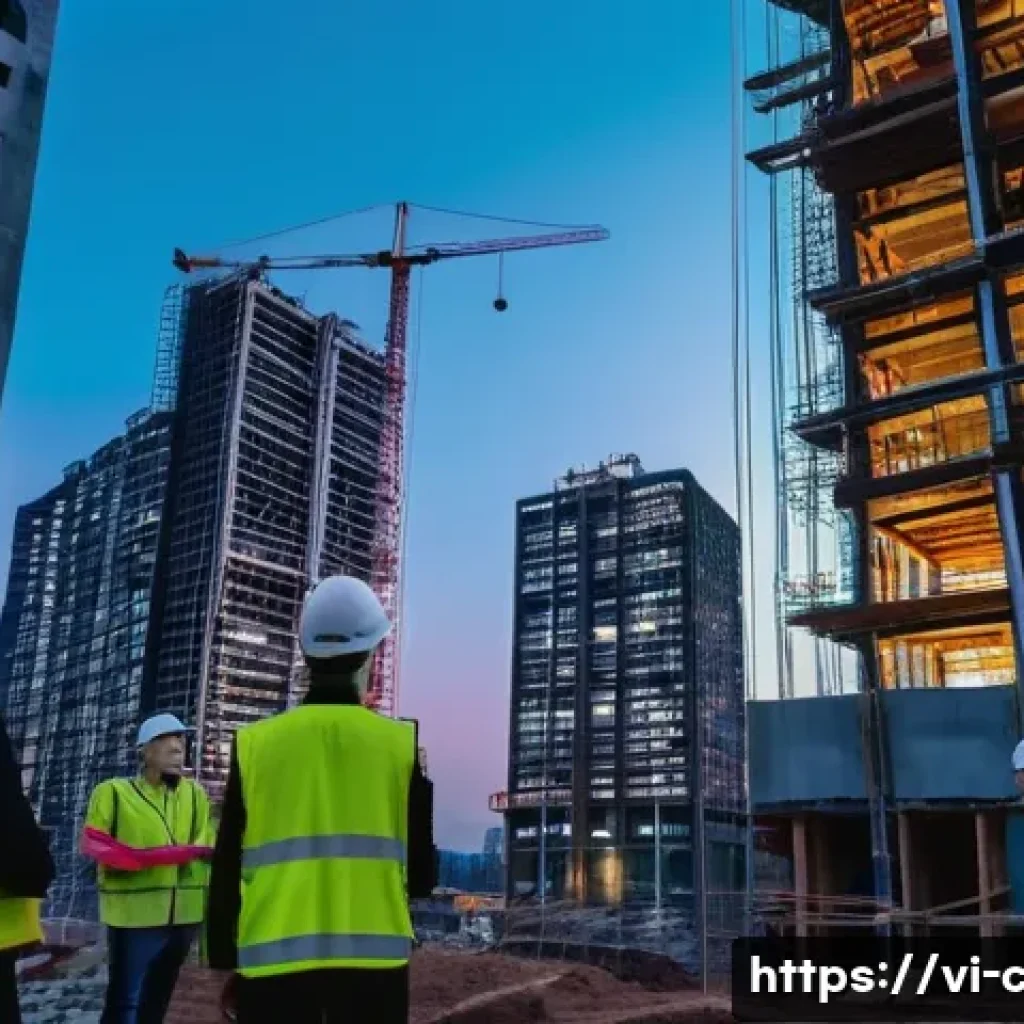 토목공학 프로젝트 성공 사례 - **Prompt:** "A vibrant, high-angle shot of a modern construction site in a bustling Vietnamese city ...
