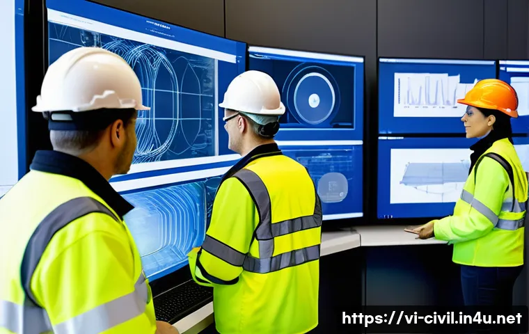 토목공학 실무에서 사용하는 소프트웨어 - **Prompt:** A diverse team of civil engineers, both male and female, in professional attire, gathere...