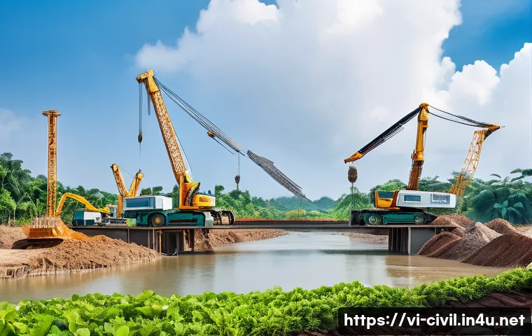 토목공학과 건축공학의 차이 - A detailed construction site scene in Vietnam featuring civil engineers and workers actively buildin...