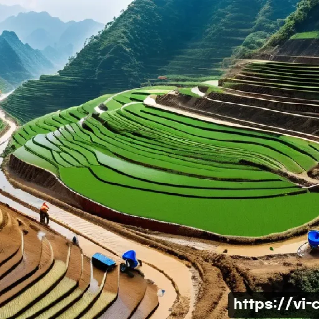토목공학과 물리적 지형 분석 - A detailed aerial view of a mountainous construction site in Vietnam, showing engineers examining ru...