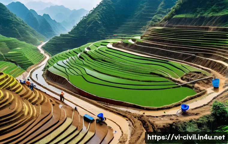 토목공학과 물리적 지형 분석 - A detailed aerial view of a mountainous construction site in Vietnam, showing engineers examining ru...