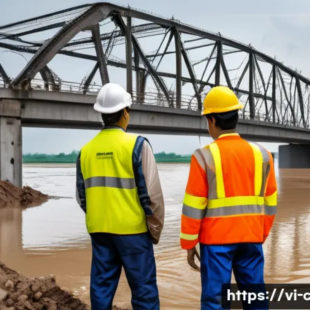 토목공학에서 재난 복구 설계 사례 - A detailed engineering scene showing Vietnamese civil engineers in safety gear inspecting a modern r...