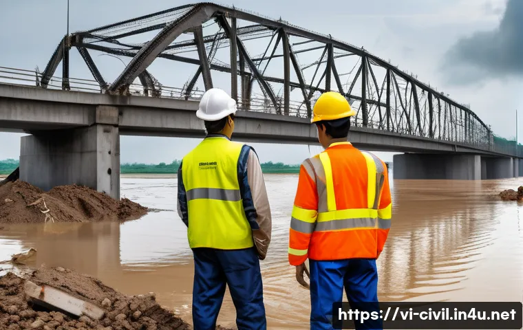 토목공학에서 재난 복구 설계 사례 - A detailed engineering scene showing Vietnamese civil engineers in safety gear inspecting a modern r...