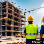 Home 22 토목공학 직무 교육과정 안내 - A modern Vietnamese construction site with engineers and workers wearing safety helmets and reflecti...
