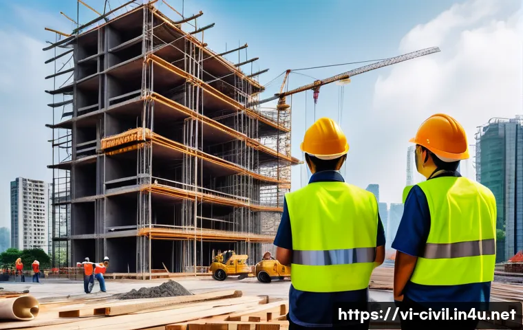 토목공학 직무 교육과정 안내 - A modern Vietnamese construction site with engineers and workers wearing safety helmets and reflecti...