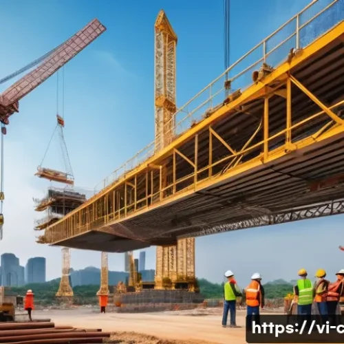 Home 33 토목공학 프로젝트에서 협업 사례 - A detailed construction site of a large modern bridge in Vietnam, featuring engineers and contractor...