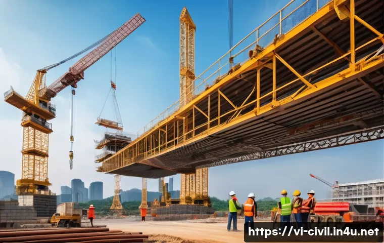 토목공학 프로젝트에서 협업 사례 - A detailed construction site of a large modern bridge in Vietnam, featuring engineers and contractor...