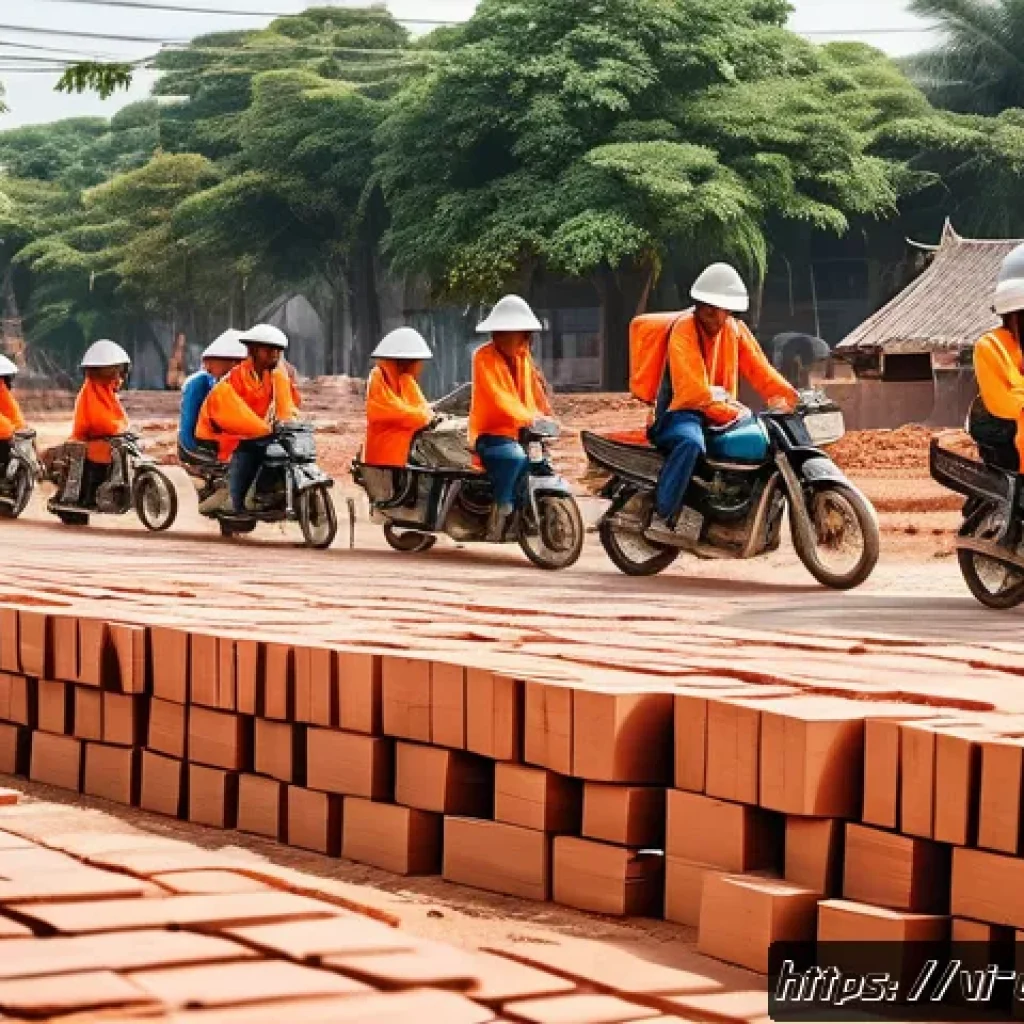 토목기사 필기시험에서 자주 출제되는 문제 - A detailed construction site in Vietnam showcasing traditional building methods: workers laying red ...