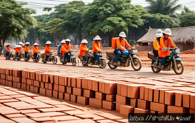 토목기사 필기시험에서 자주 출제되는 문제 - A detailed construction site in Vietnam showcasing traditional building methods: workers laying red ...