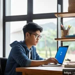 Home 19 토목기사 시험을 위한 단기 집중학습법 - A focused Vietnamese student studying in a neat, quiet home office with natural light streaming thro...
