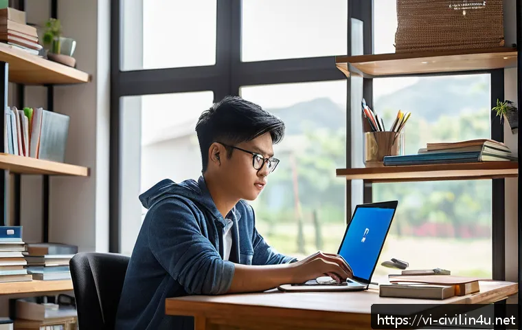 토목기사 시험을 위한 단기 집중학습법 - A focused Vietnamese student studying in a neat, quiet home office with natural light streaming thro...