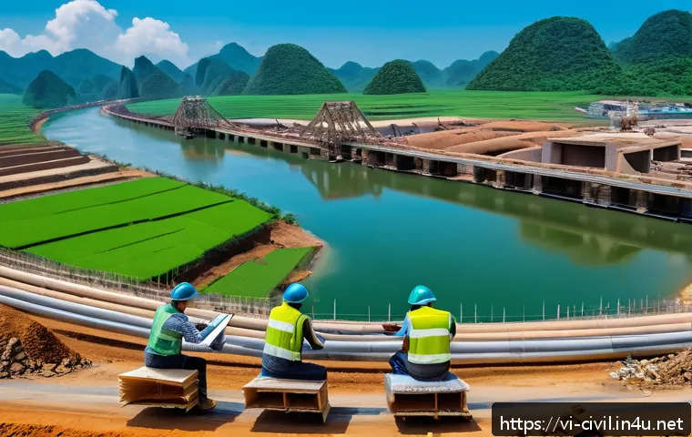 토목공학자의 프로젝트 관리 사례 - A detailed construction site in Central Vietnam featuring a large bridge project in progress during ...