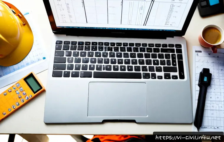 토목기사 자격증 준비를 위한 도구 - Photorealistic overhead view of a Vietnamese civil engineering student’s organized study desk, blank...