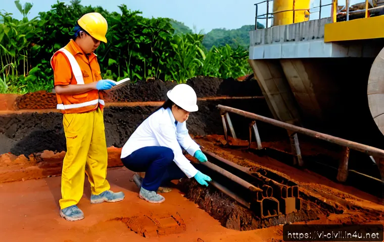 Home 17 토목공학에서 지반공학의 중요성 - Photorealistic geotechnical engineering site in Vietnam, Vietnamese civil engineers in hard hats and...